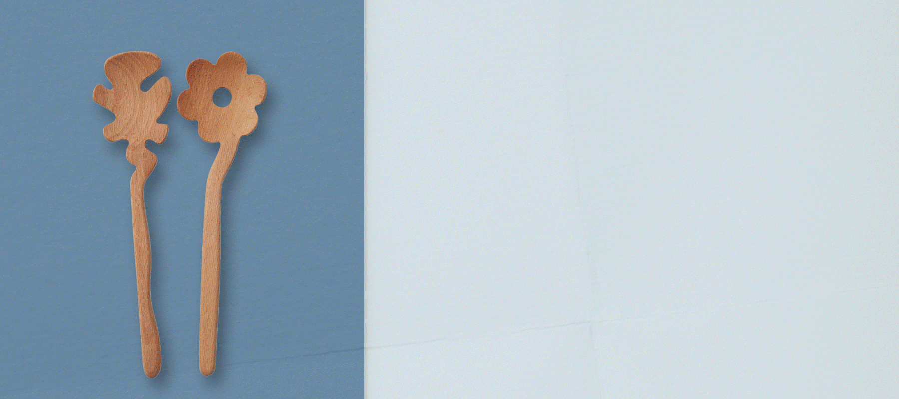 An animation of images stacking on top of each other. Images include photos of flower shaped serving spoons, a polka dot christmas stocking with toys inside, and a cream suitcase with colorful toys laying on top of it on a blue background.