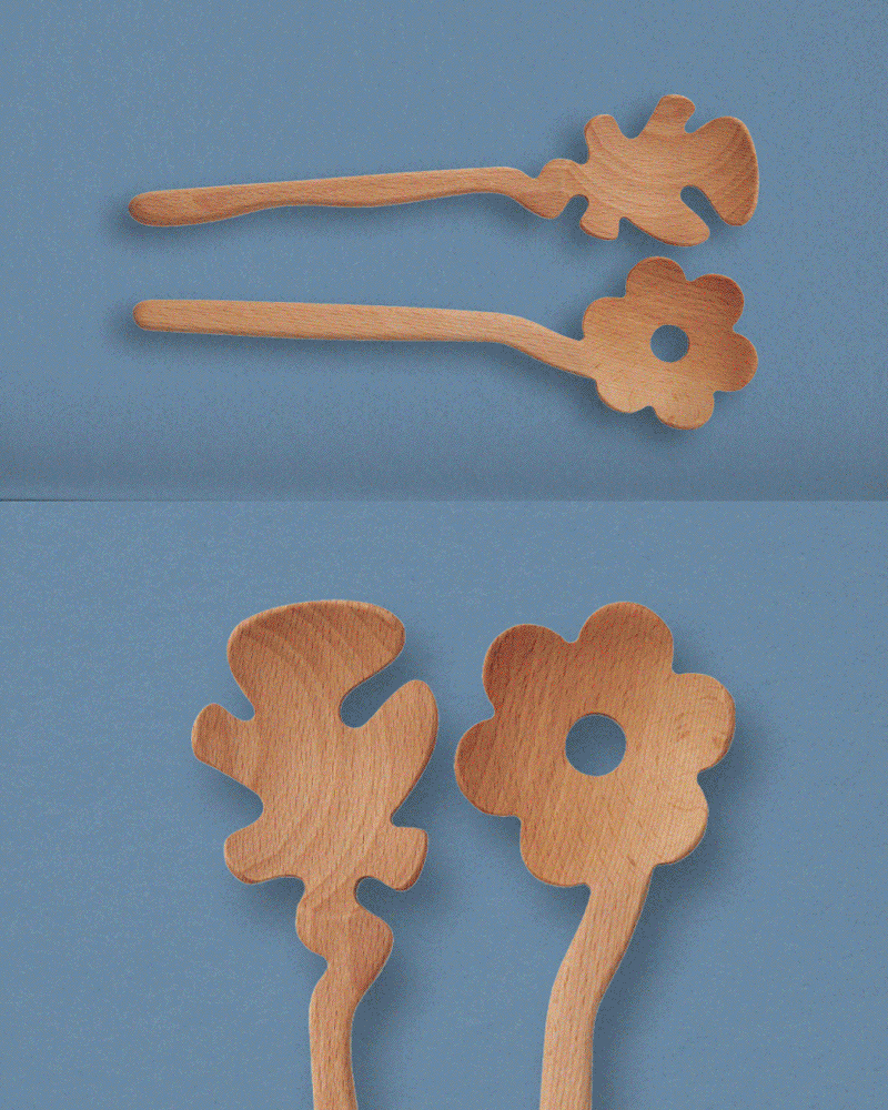 An animation of images stacking on top of each other. Images include photos of flower shaped serving spoons, a polka dot christmas stocking with toys inside, and a cream suitcase with colorful toys laying on top of it on a blue background.