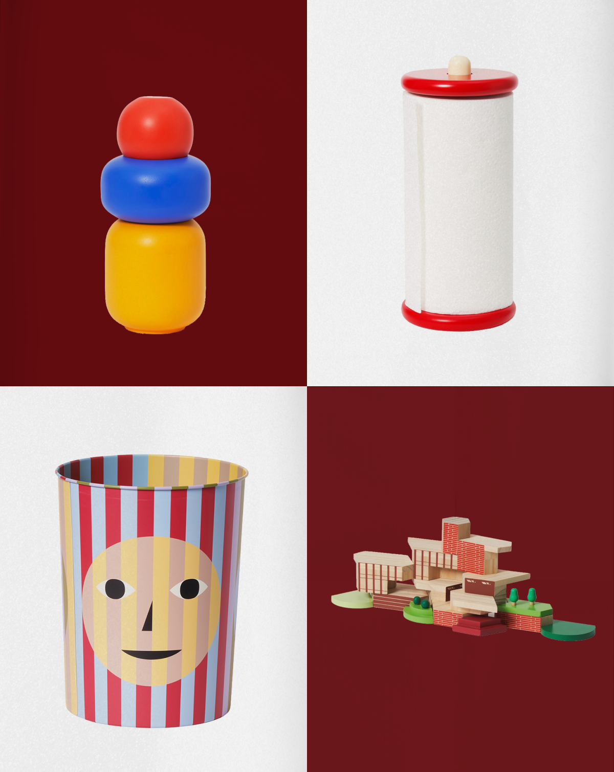 A collage of four colorful toys including a stack of cylindrical shapes, a striped container with a face design (trash can), a cylindrical wooden container with a red top, and a wooden architectural building set.