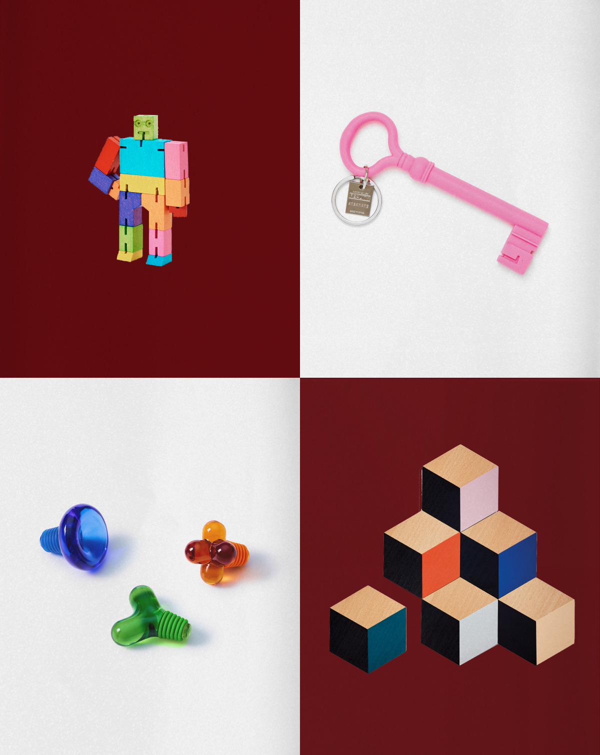 Four different items including a colorful robot figure, a pink keychain, small toys, and geometric blocks on a divided background.