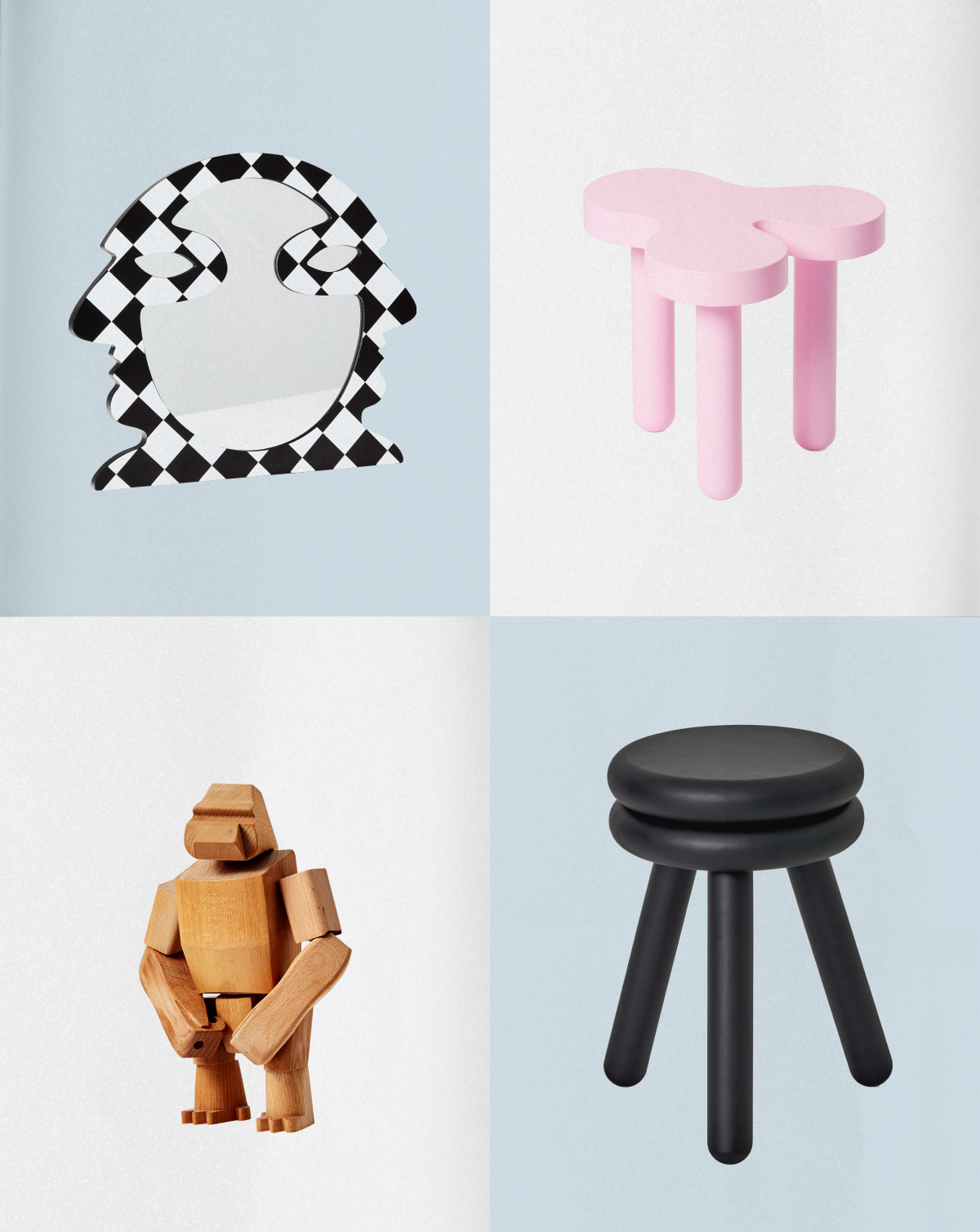 Collage of four products on a light blue and white checkered background: a mirror, two stools, and a wooden animal toy.